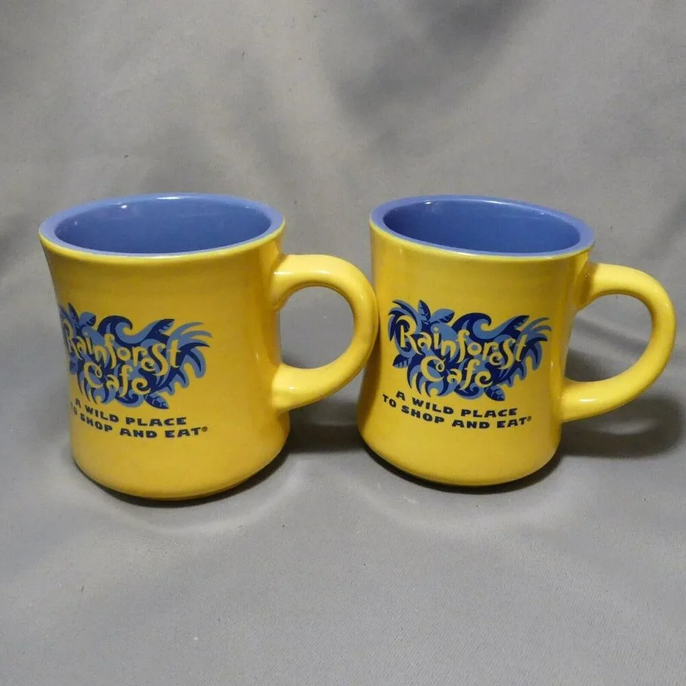Rainforest Cafe A Wild Place to Shop and Eat Yellow and Blue 2 Coffee Mugs Heavy - Picture 6 of 12